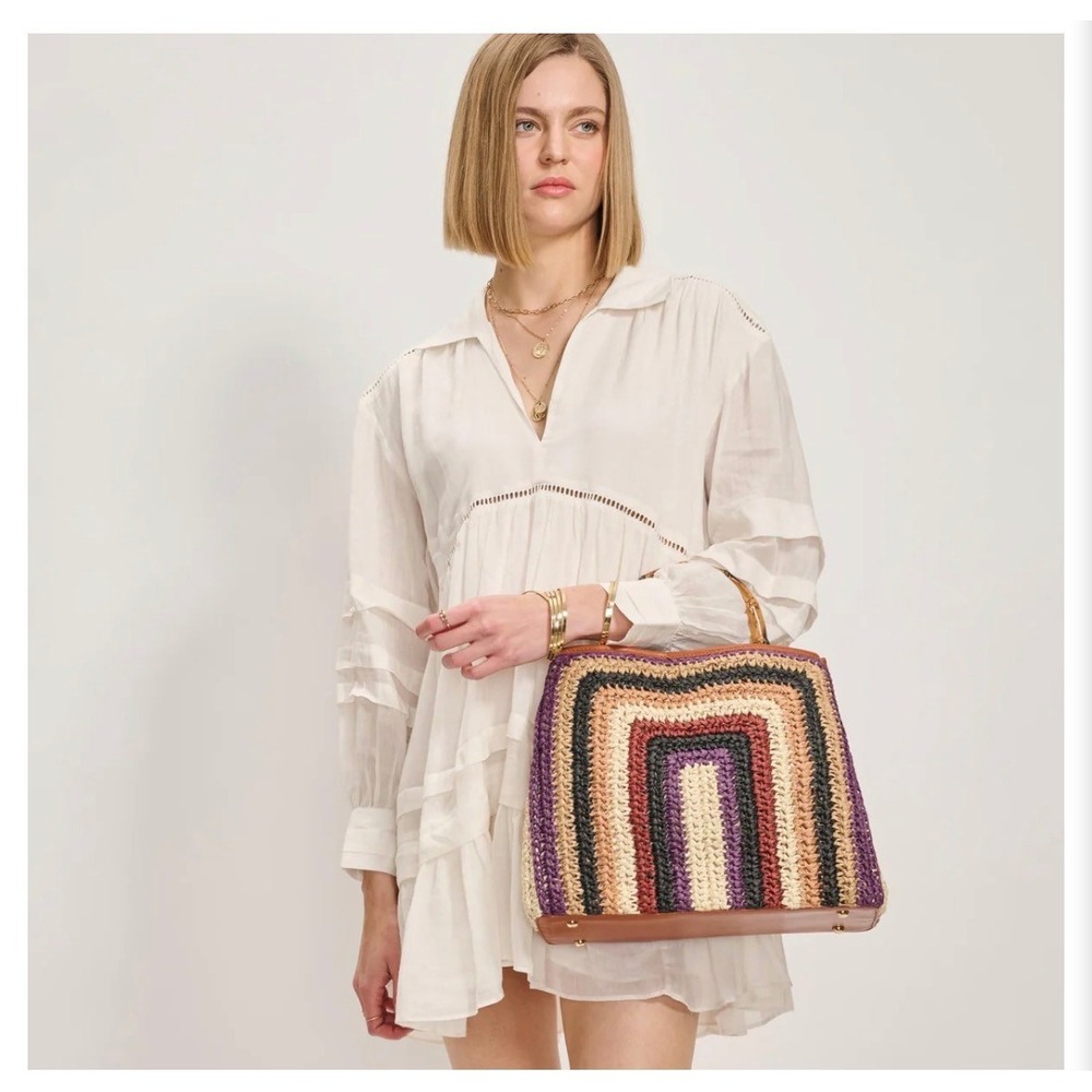 Mode Luxe KALANI Woven Raffia Rainbow Tote Bag with Bamboo Handles and Strap